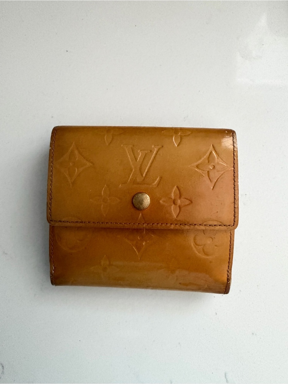 Louis Vuitton Patent Monogram Compact Wallet in Cognac Brown